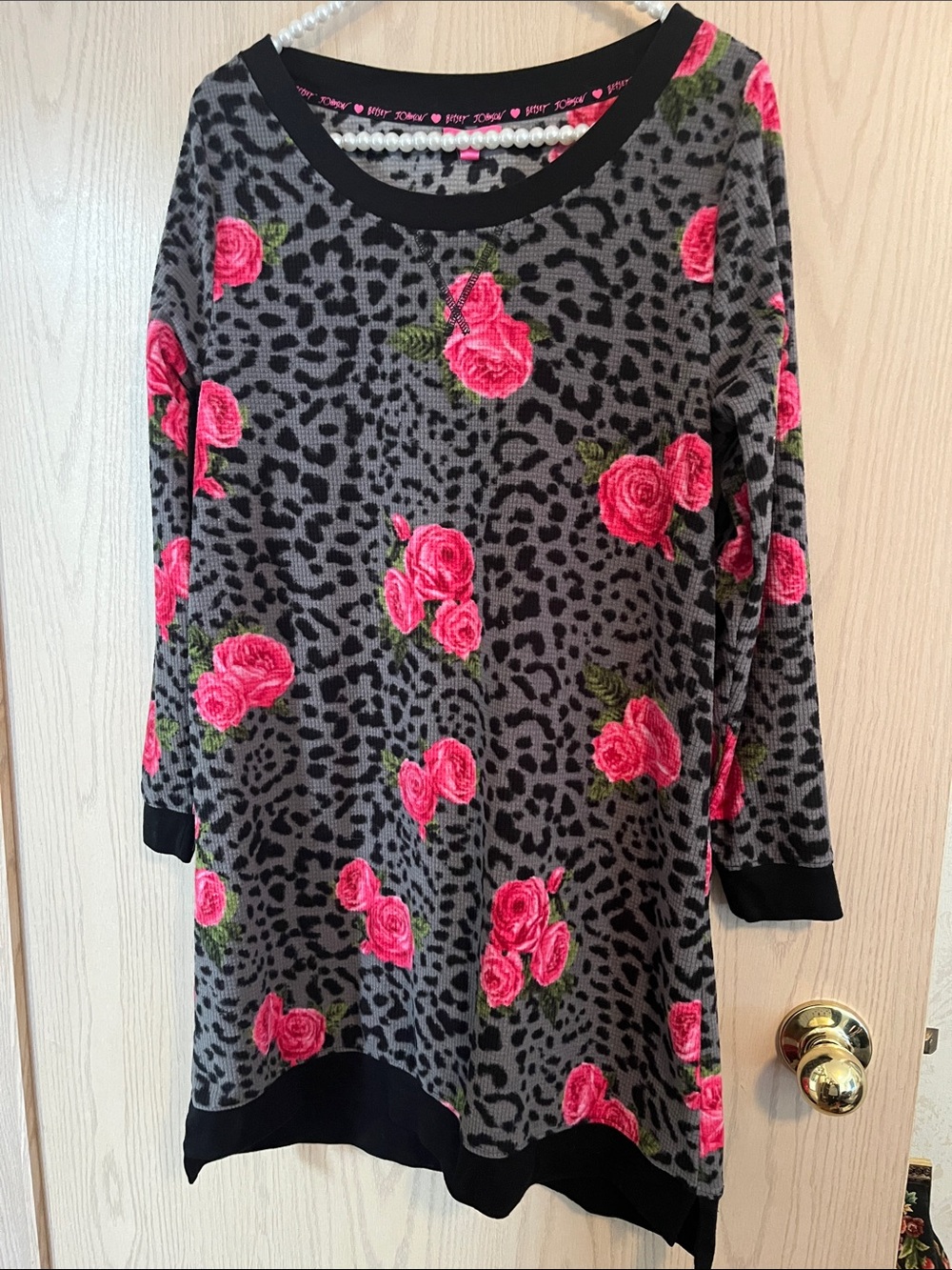 Betsey Johnson Black & Gray Leopard & rose pattern pyjama gown.